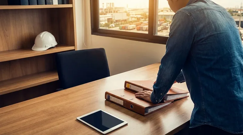 Small-business owner reviewing payroll and insurance folders at a tidy desk, Maryland Business Insurance