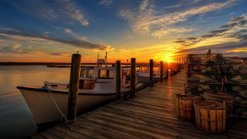 Chesapeake Bay workboats with low cabins tied up at a weathered wooden dock at sunrise, How to Start a Fishing Charter Business in Maryland