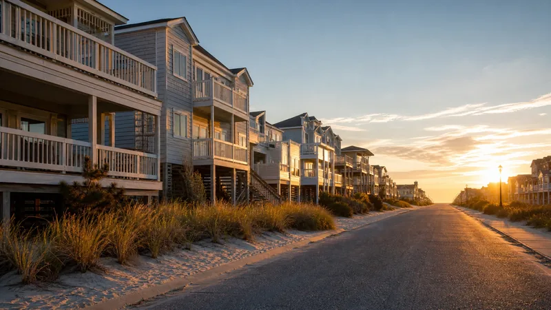 A Maryland Atlantic-coast resort town side street: pastel low-rise condos on stilts, Maryland Short-Term Rental Laws