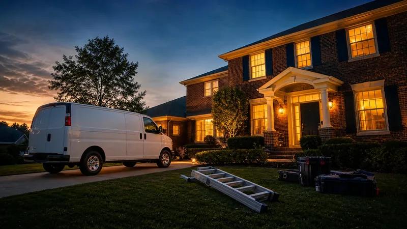 A clean white service van parked in the driveway of a brick colonial-style suburban house, How to Start a Locksmith Business in Maryland