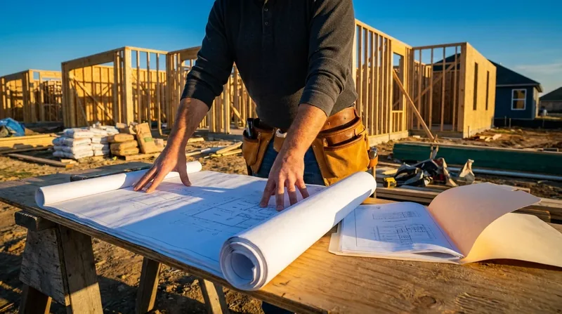 Contractor reviewing blueprints at a framed residential jobsite, How to Get a Contractor License in Maryland