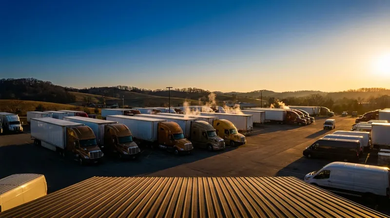 Box trucks and semis parked at a logistics yard at sunrise, How to Start a Used Car Dealership in Maryland